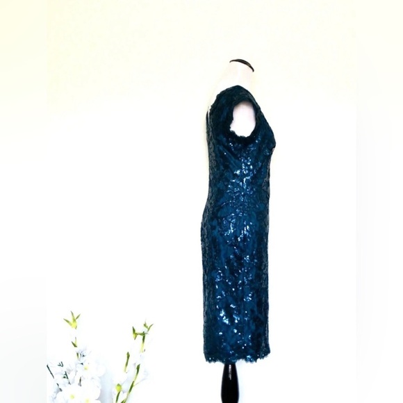 NEW! Tadashi Shoji Paillette Embroidered Lace V-Neck Dress Sequins Blue SZ 6 - Picture 11 of 14